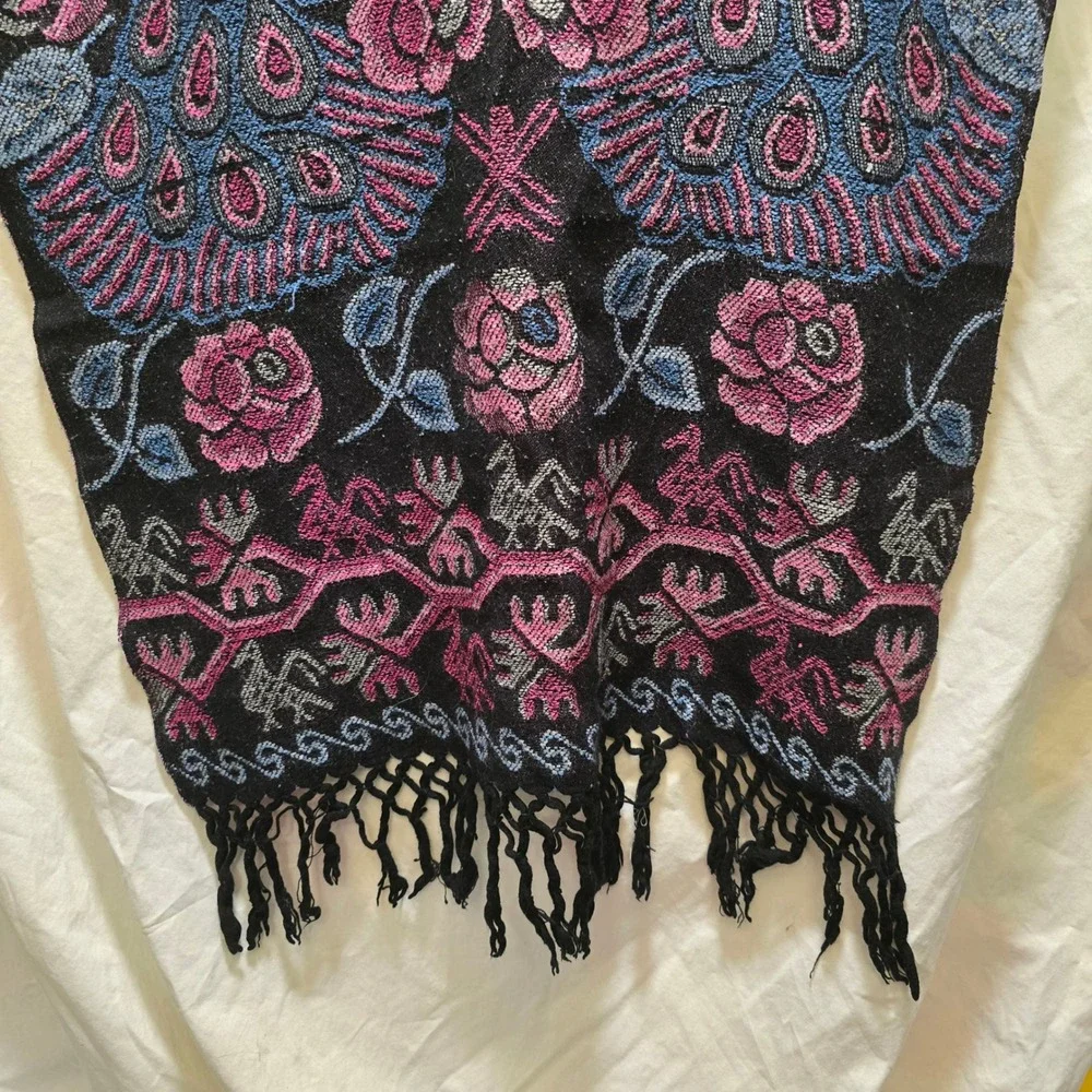 Vibrant‎ Peacock Floral Woven Scarf Shawl Fringe Purple Pink Blue Black Accent